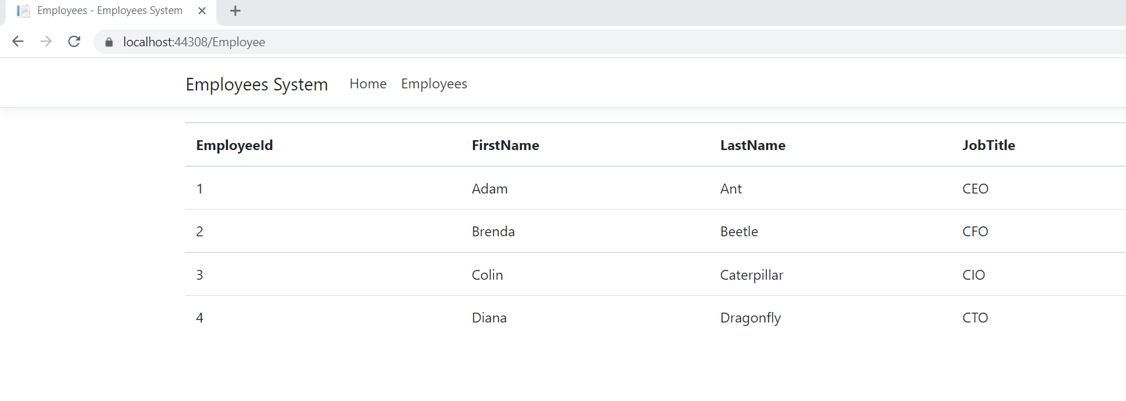 Table of employees in demo app.
